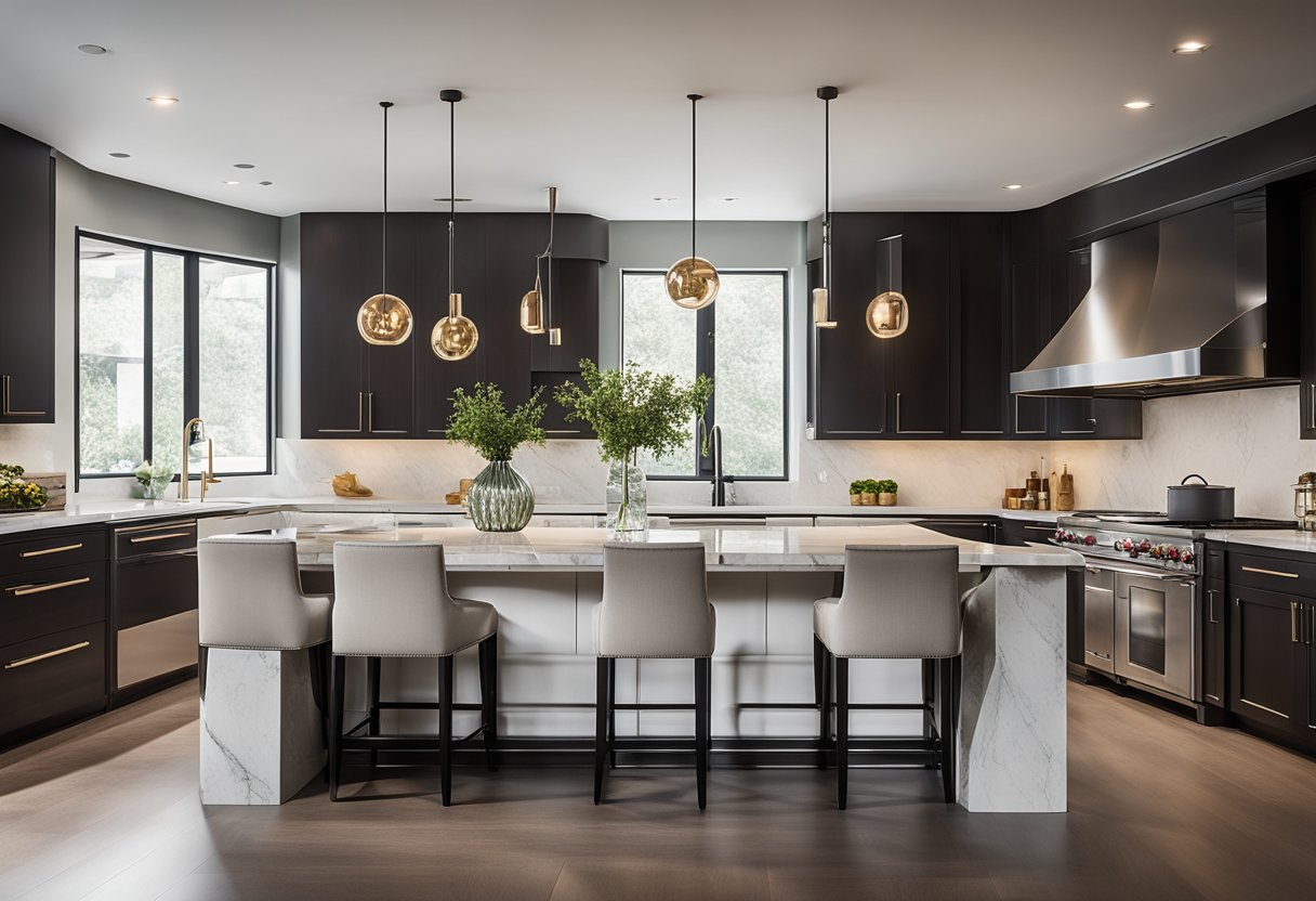 A sleek, modern kitchen island with a marble countertop and built-in stove. Pendant lights hang above, casting a warm glow on the polished surface
