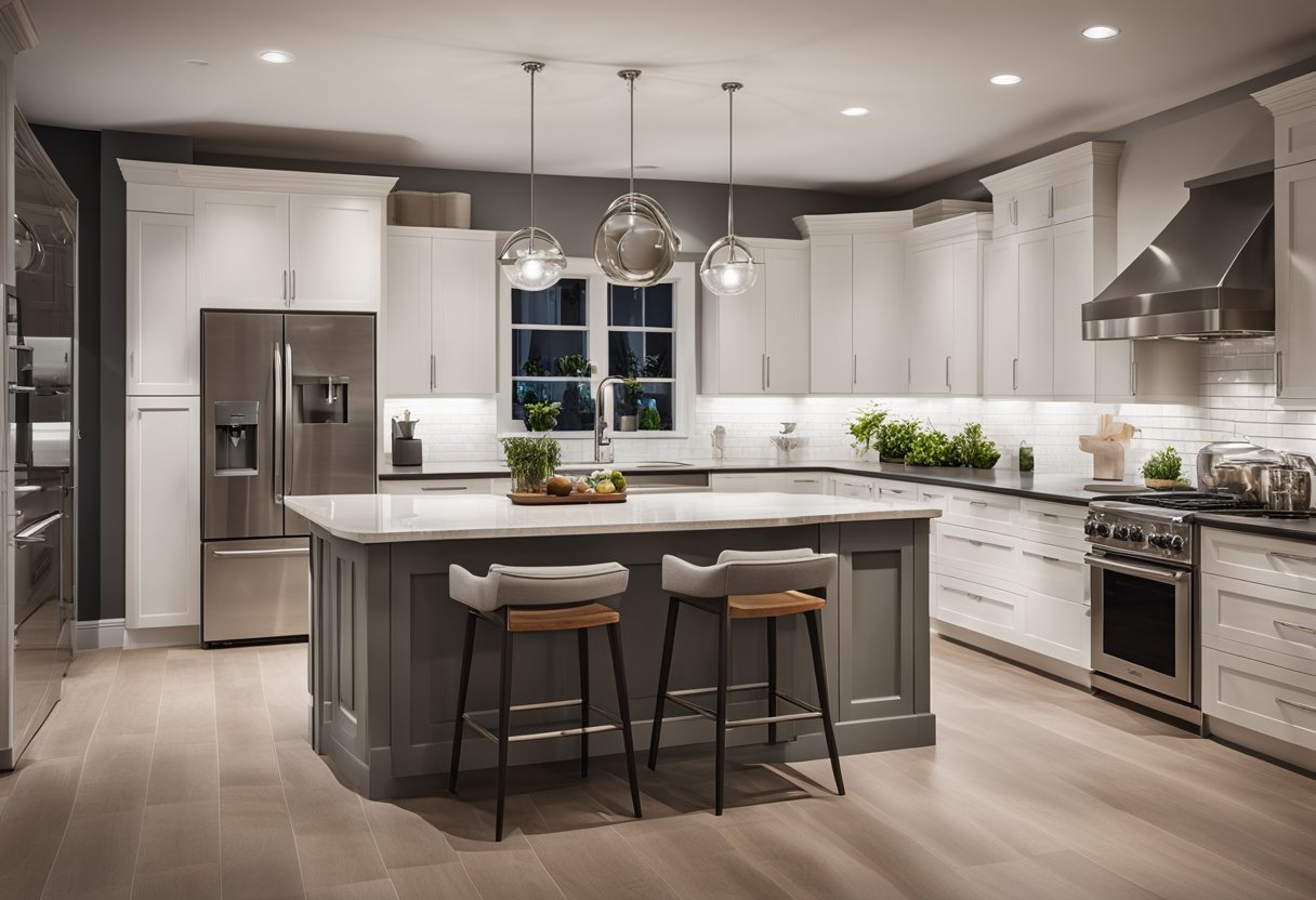 A spacious kitchen with a functional layout, featuring ample storage, sleek countertops, and modern appliances. A large central island provides additional workspace and doubles as a dining area