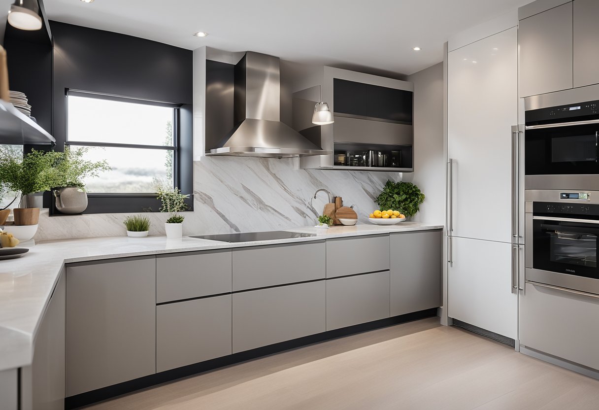 A small kitchen with sleek, modern design. Clean lines, minimalist cabinets, and a neutral color palette. Stainless steel appliances and a marble countertop