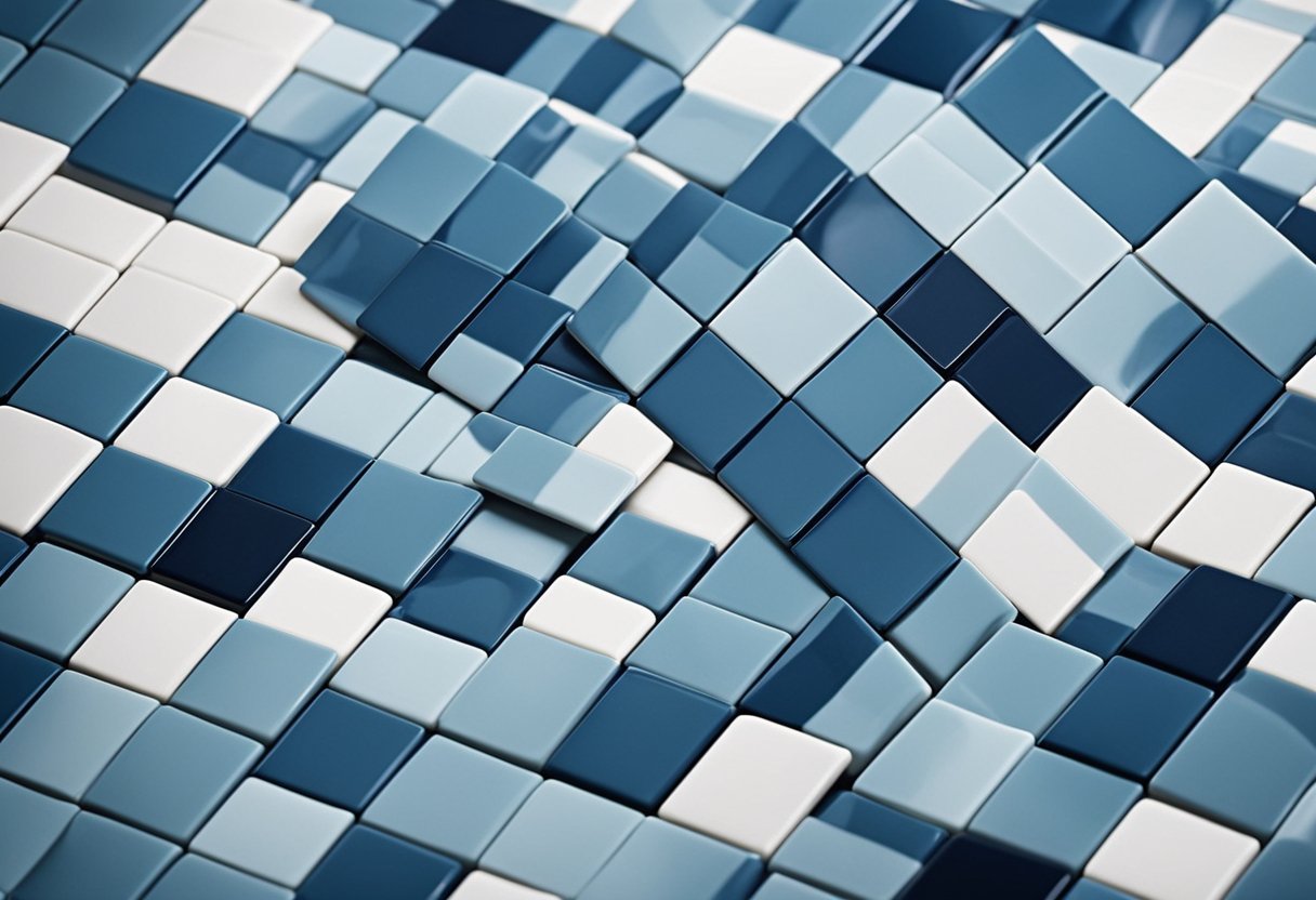 The kitchen tiles feature a geometric pattern with alternating squares in shades of blue and white. The tiles are arranged in a diagonal layout, creating a visually dynamic and modern design