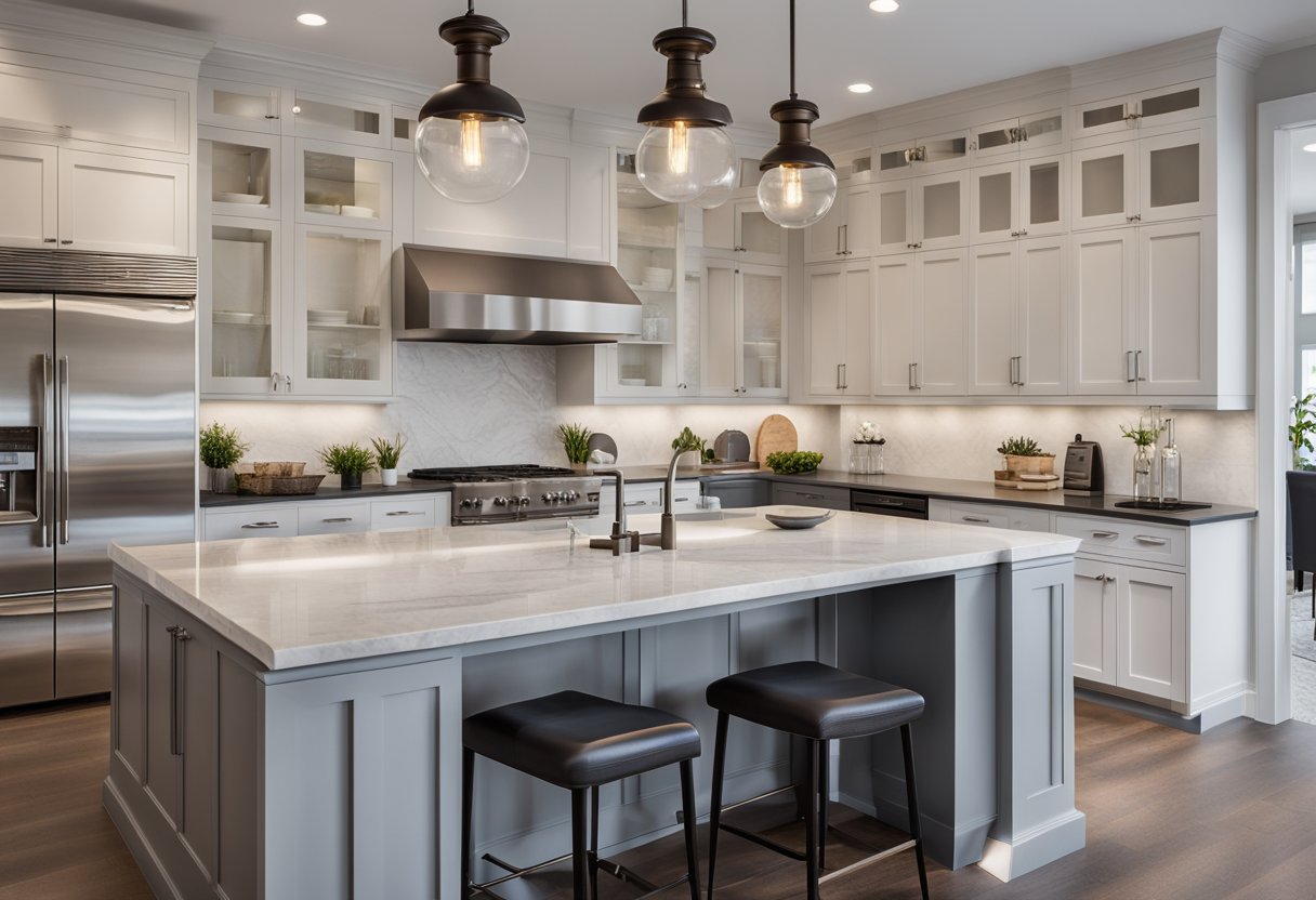 A spacious kitchen with a sleek, marble-topped island. Pendant lights illuminate the surface, while stools line one side for seating. Cabinets and appliances surround the island, creating a functional and stylish design