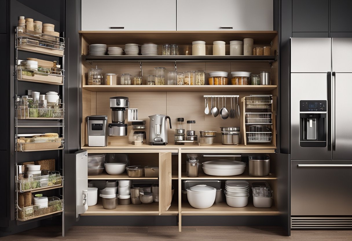 A tidy kitchen with organized cabinets and drawers, labeled containers, and a pull-out pantry for effective storage solutions