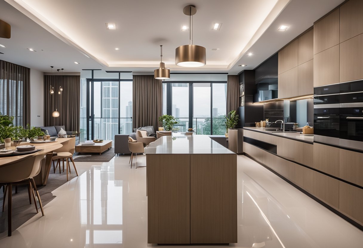 A spacious 5-room HDB kitchen with an open layout, sleek modern cabinets, and a large central island for cooking and entertaining