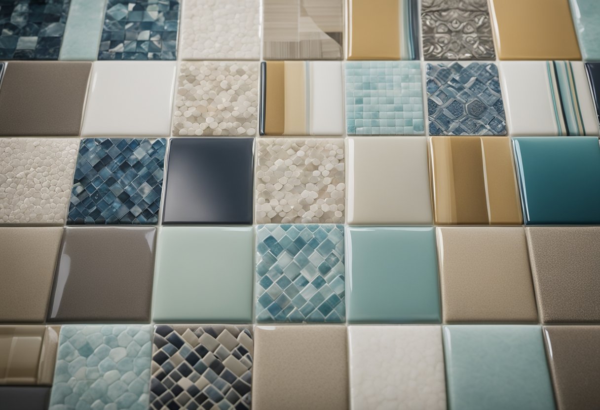 A variety of kitchen tile materials are displayed, including ceramic, porcelain, and glass, with different colors, patterns, and textures