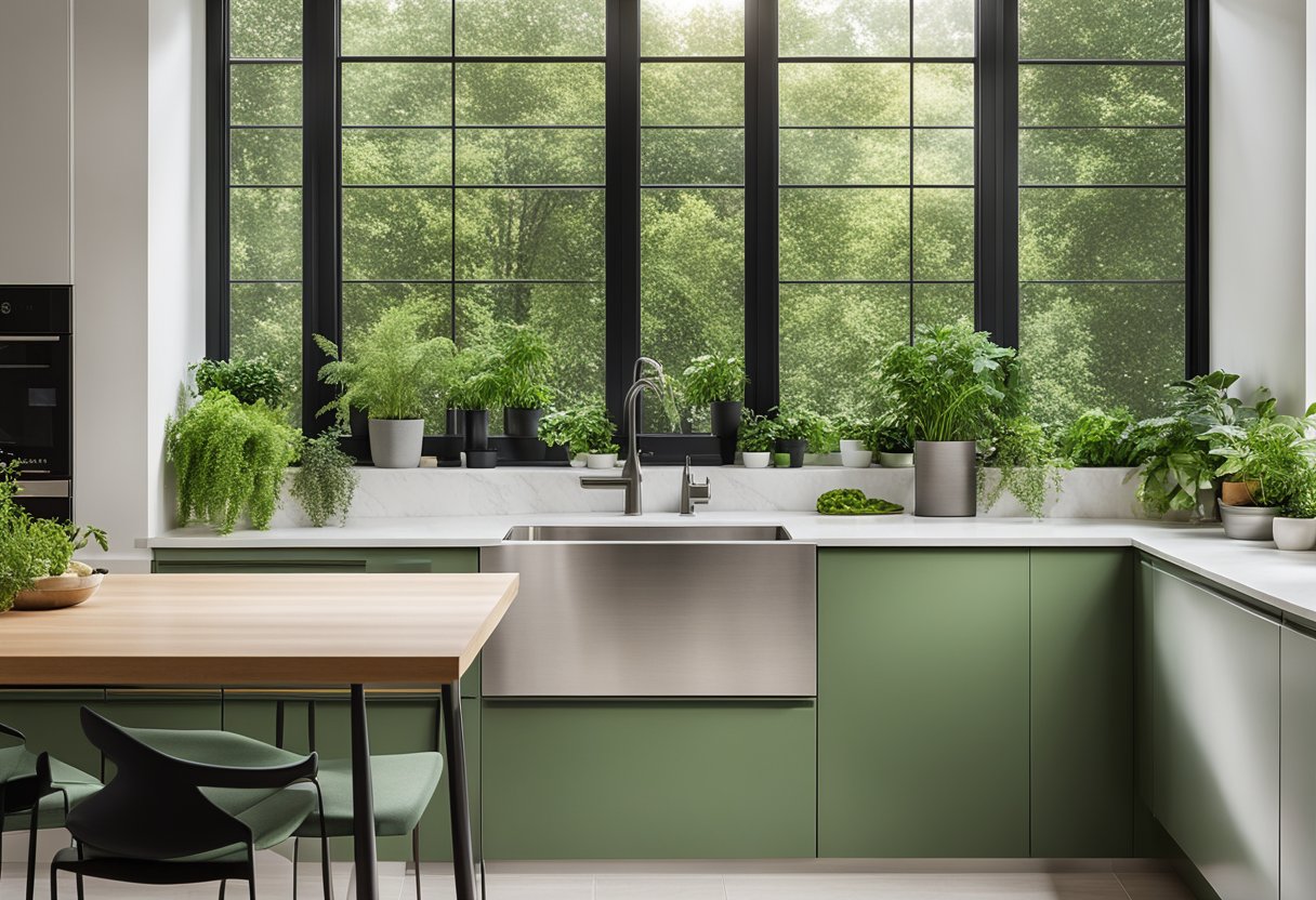 A modern kitchen with sleek countertops, stainless steel appliances, and a large window overlooking a lush garden. The color scheme is neutral with pops of vibrant green from potted herbs on the windowsill
