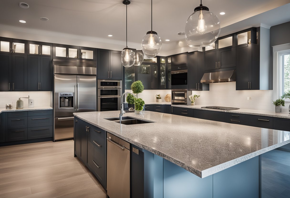 A modern kitchen with sleek fixtures and appliances, including a stainless steel refrigerator, a built-in oven, and a stylish island with pendant lighting