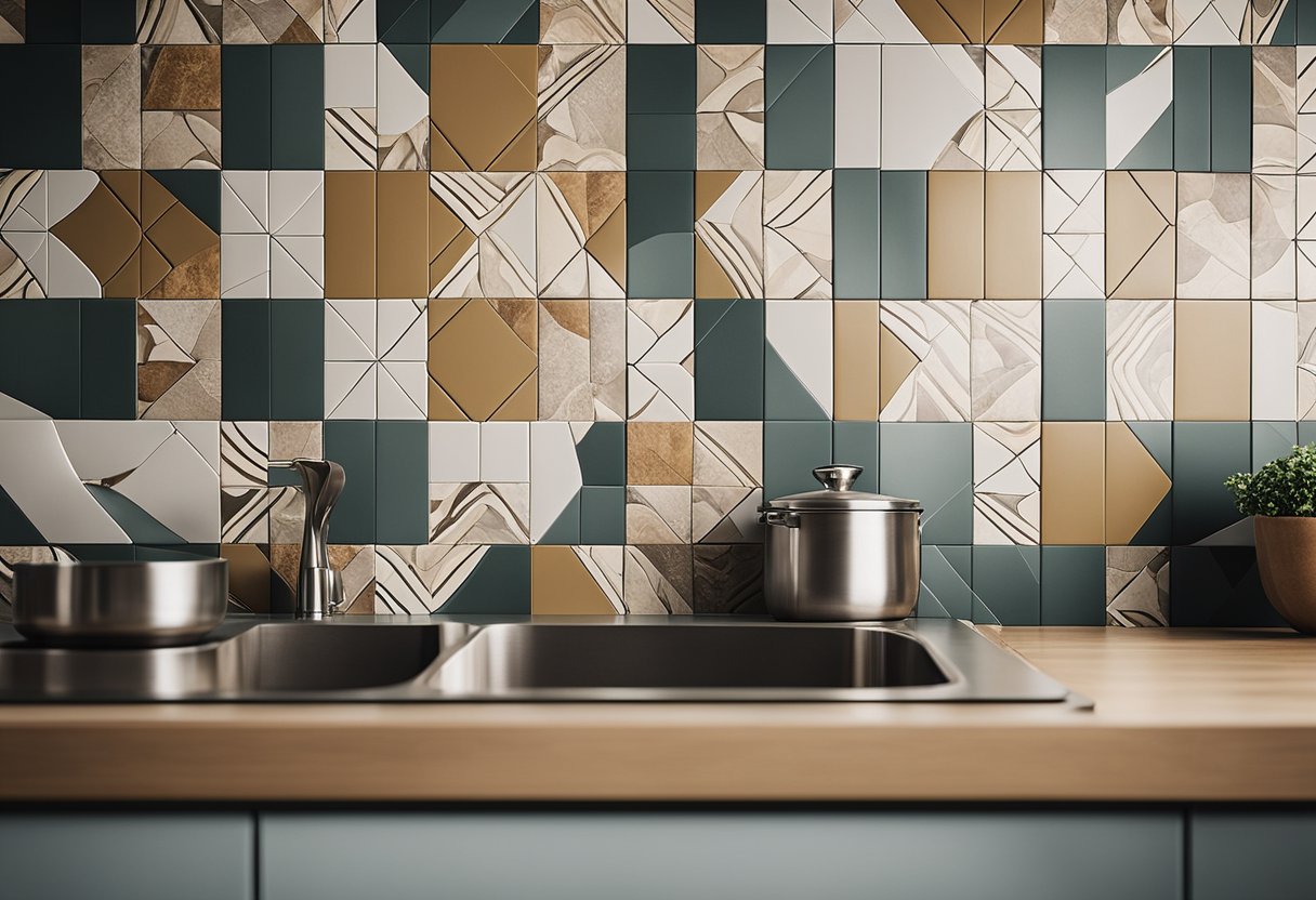 A modern kitchen with geometric patterned tiles in earthy tones, creating a textured and visually dynamic backsplash