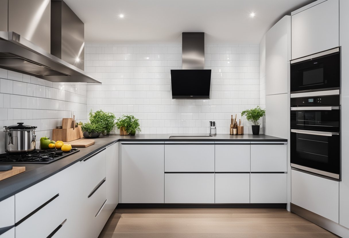 A small, organized kitchen with efficient layout, minimalistic design, and ample storage space. Clean lines, neutral colors, and functional appliances