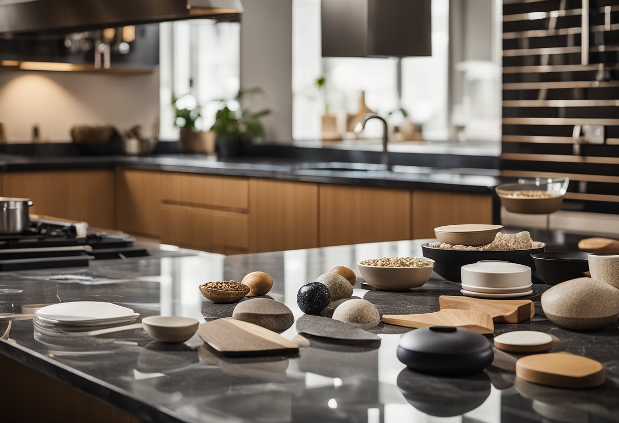 A cluttered kitchen island with various material samples scattered around, including wood, granite, marble, and quartz. Lighting highlights the textures and colors of the materials