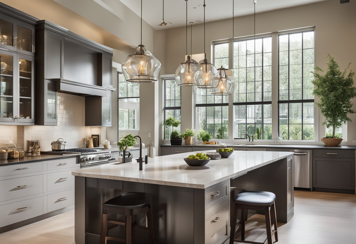 A spacious, modern kitchen with sleek countertops, stainless steel appliances, and ample natural light streaming in through large windows. A central island provides additional workspace and storage, while a cozy dining area overlooks the garden