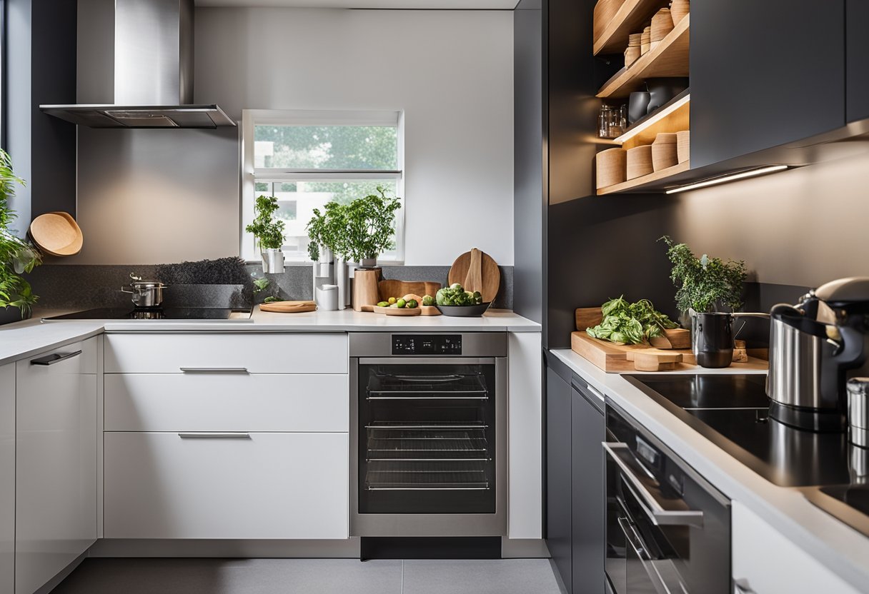 A sleek, modern kitchen with efficient storage solutions, including pull-out drawers, corner carousels, and overhead cabinets for a clutter-free space