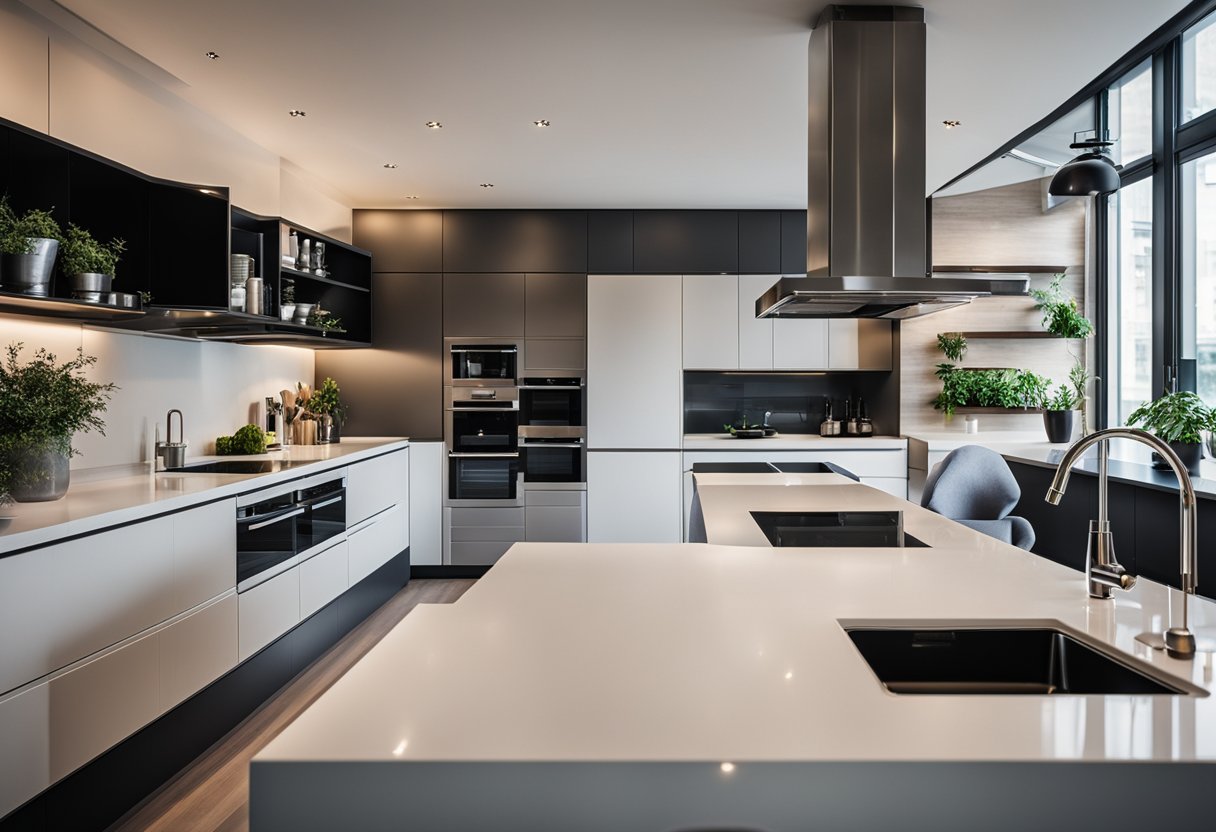 A compact kitchen with sleek appliances neatly arranged for efficient use