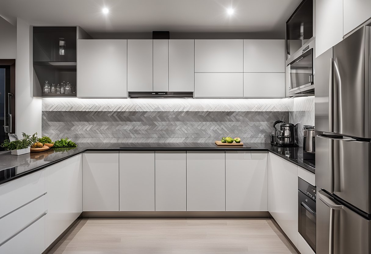 A modern 5-room HDB kitchen with sleek, white cabinetry, quartz countertops, and stainless steel appliances. The floor is tiled with a light wood finish, and the backsplash features a geometric pattern in shades of gray