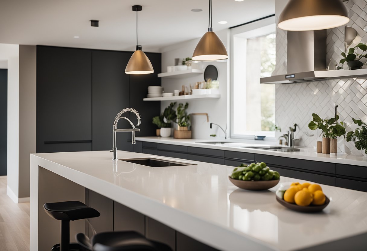 A well-lit kitchen with minimalistic accessories, featuring pendant lights, a sleek faucet, and a clean countertop