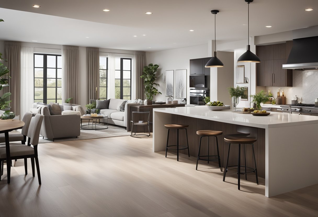 A spacious open floor plan with a seamless transition from the dining area to the living space, showcasing a modern kitchen design with sleek appliances and stylish finishes
