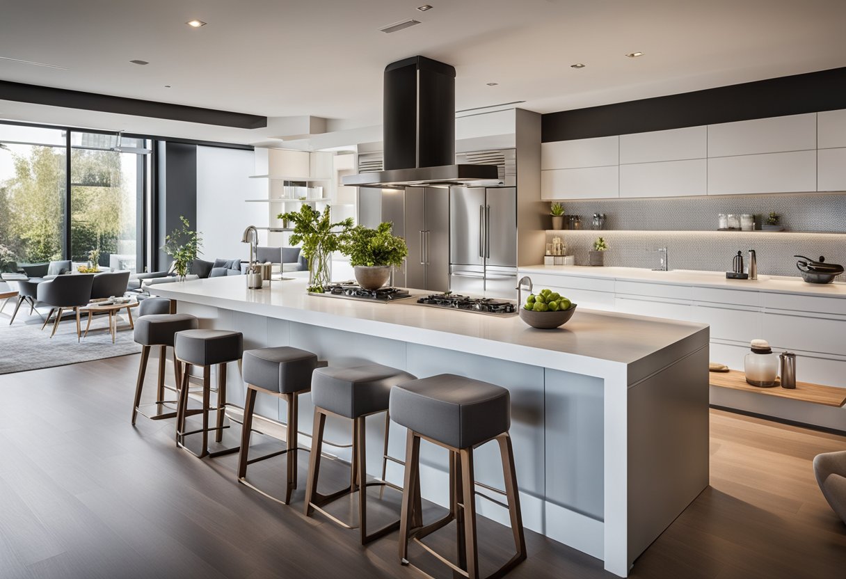 A sleek kitchen island with built-in storage and a built-in sink, surrounded by modern bar stools and pendant lighting