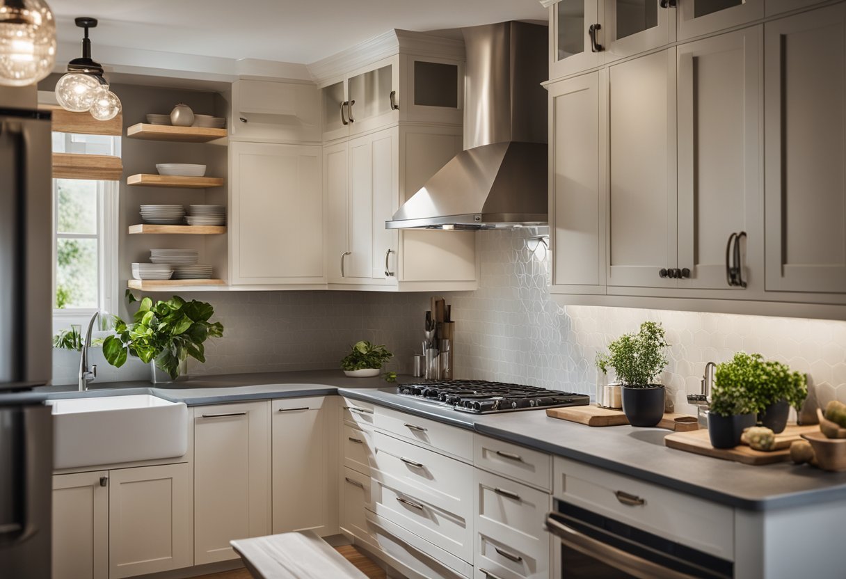A kitchen being renovated with new cabinets, countertops, and appliances. Maintenance tips include proper care for materials and regular cleaning routines