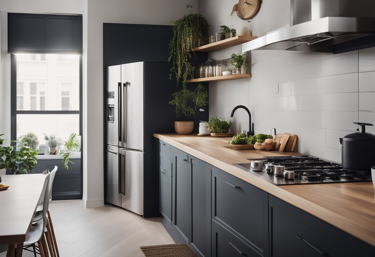 A cozy kitchen with minimalistic design, featuring sleek countertops, compact appliances, and efficient storage solutions
