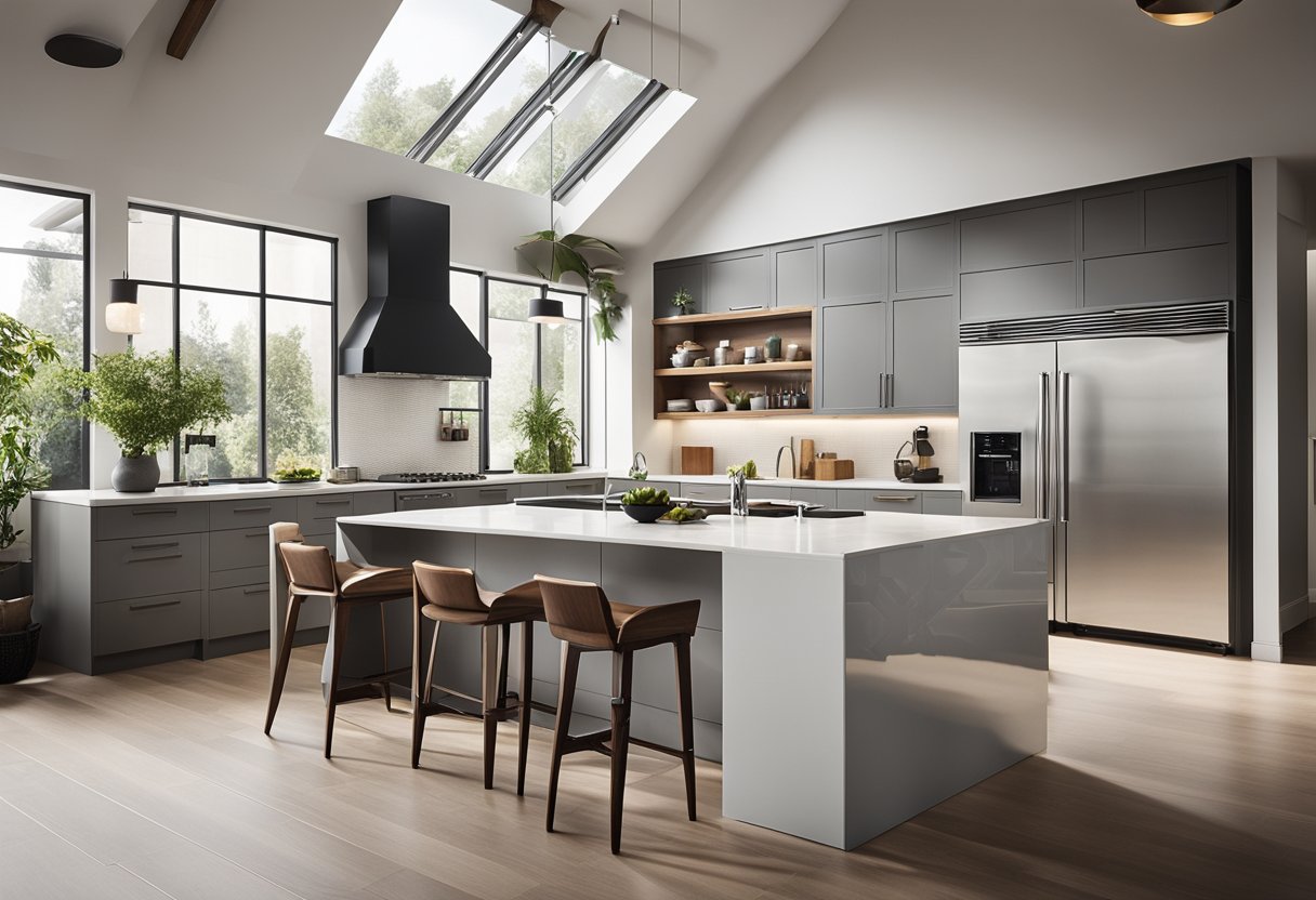 A spacious kitchen with sleek countertops, modern appliances, and ample storage. A central island provides extra workspace and seating. Natural light floods in through large windows, illuminating the functional and stylish design