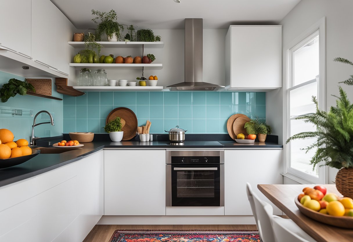 The simple kitchen features clean lines, minimalistic decor, and pops of color. The white cabinets and countertops are accented with bright, decorative touches like a colorful rug and vibrant fruit bowl