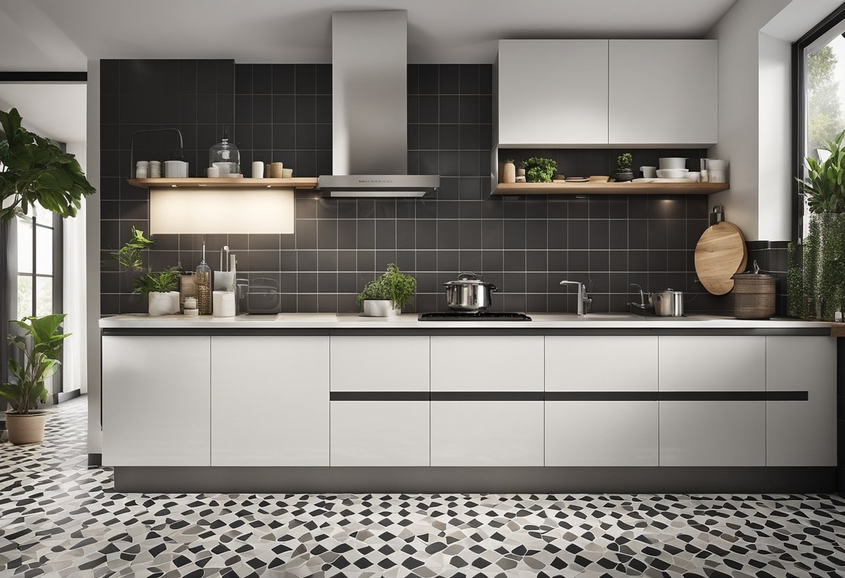 The kitchen tiles vary in size and shape, creating a dynamic pattern across the floor