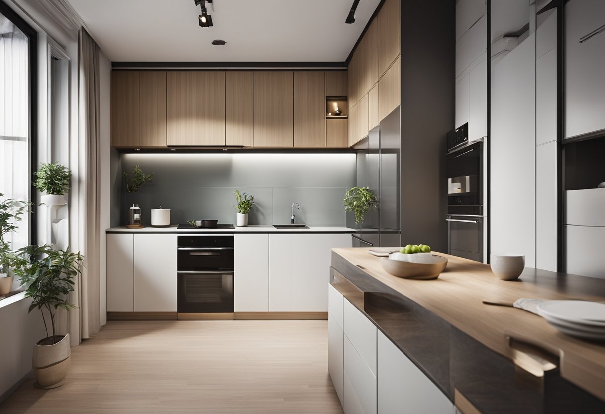 A compact 5-room HDB kitchen with clever storage solutions, integrated appliances, and a minimalist design to maximize the small space