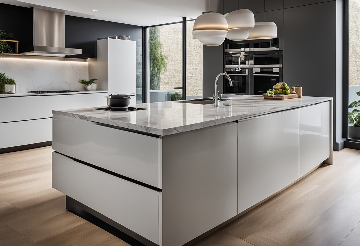 A modern kitchen island with sleek lines, minimalist design, and a monochromatic color scheme. The countertops are made of polished marble, and the island features built-in storage and integrated appliances
