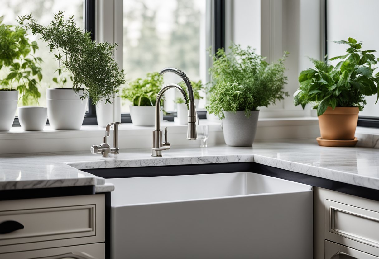 A clean, minimalist kitchen with white cabinets, stainless steel appliances, and a marble countertop. A large window allows natural light to fill the space, and potted herbs sit on the windowsill