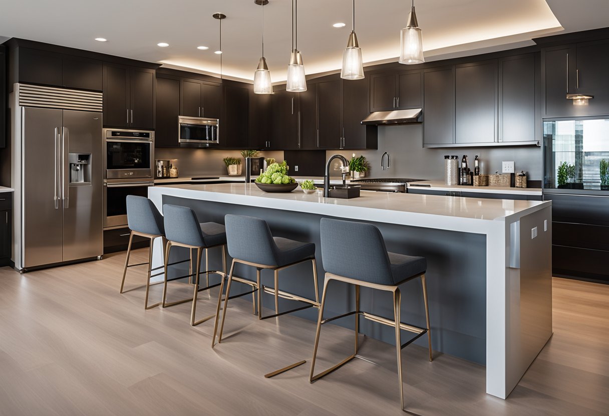 A modern kitchen with sleek countertops, stainless steel appliances, and minimalist decor. A large island with bar stools is the focal point of the room