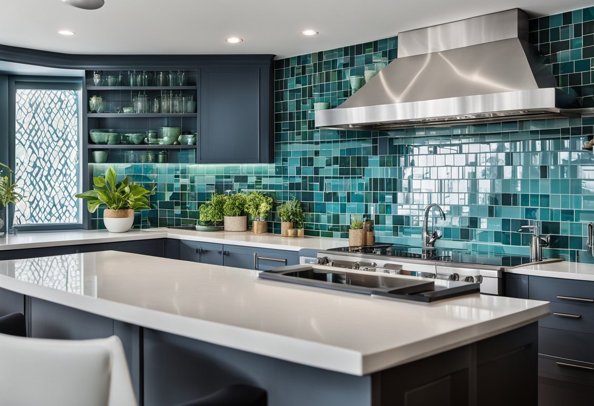 A modern kitchen with sleek white cabinets and geometric patterned tiles in shades of blue and green. The tiles create a striking contrast against the white countertops and stainless steel appliances
