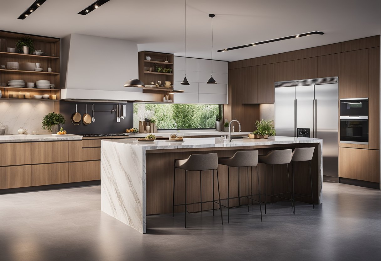A sleek, modern kitchen island design with integrated storage, a built-in sink, and a stylish marble countertop
