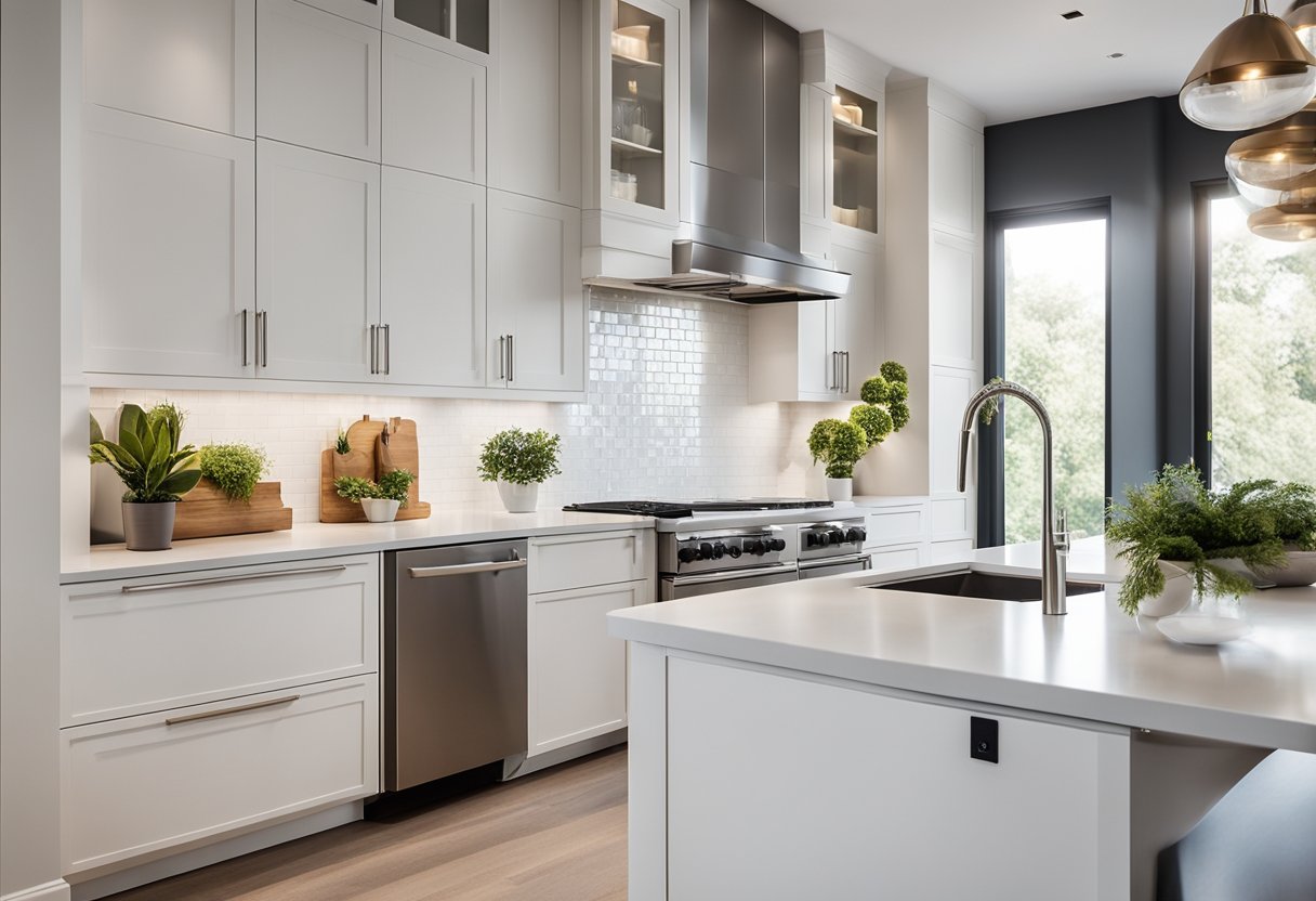 A clean, modern kitchen with white cabinets, stainless steel appliances, and a minimalist island. Light pours in from large windows, illuminating the sleek, simple design