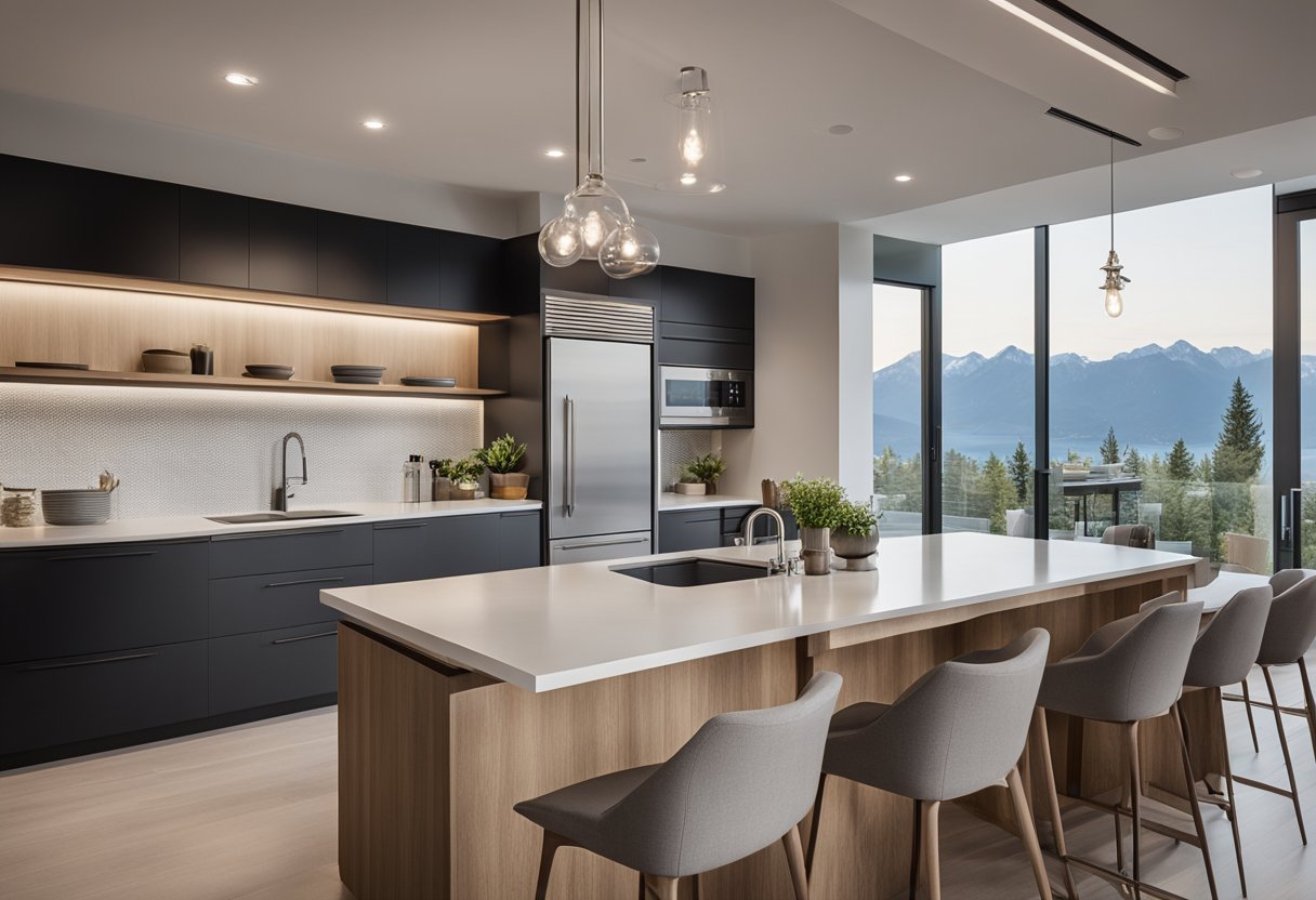The open-concept kitchen seamlessly flows into the spacious living area, with modern appliances and sleek design elements throughout
