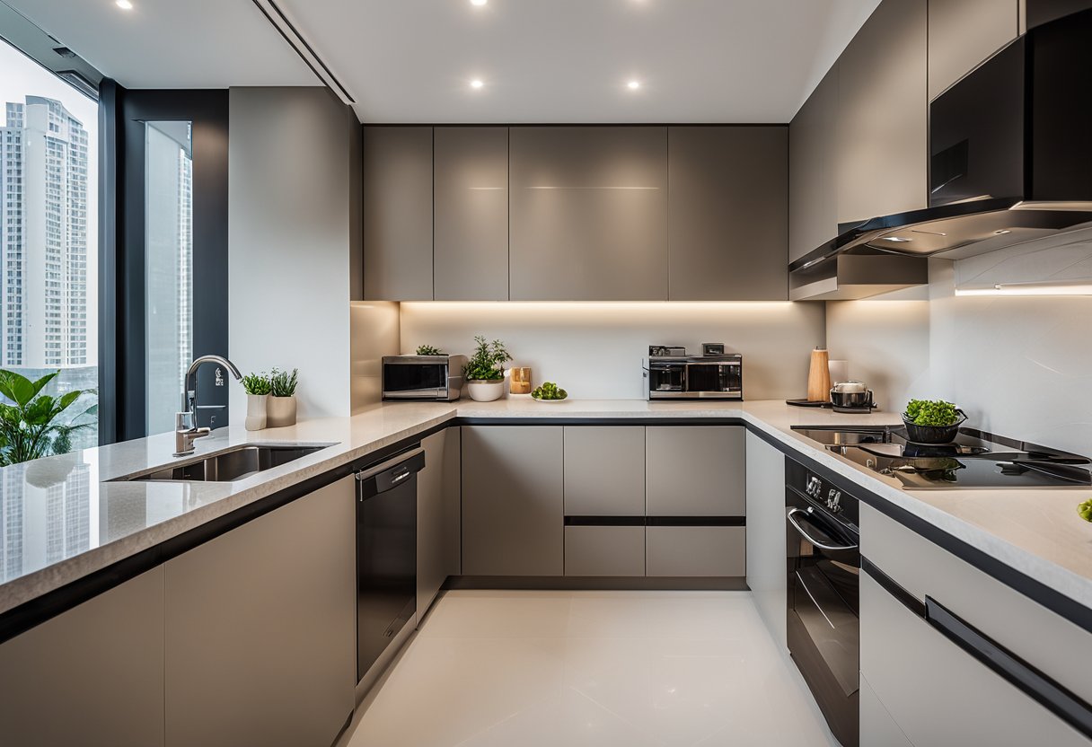 A modern 5-room HDB kitchen with sleek cabinets, granite countertops, and stainless steel appliances. Bright natural light floods the space, highlighting the minimalist design