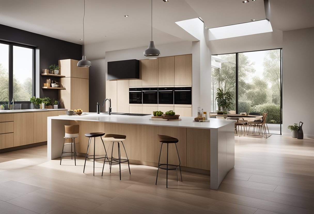 A clean, minimalist kitchen with sleek cabinets, a simple island, and modern appliances. Bright natural light floods the space, creating a warm and inviting atmosphere