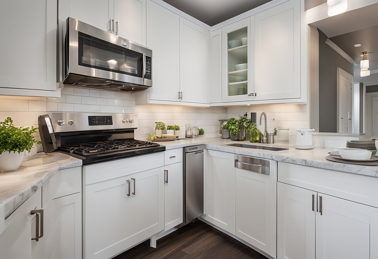 The kitchen is bright with white cabinets and stainless steel appliances. The marble countertops and subway tile backsplash give it a modern and sleek look