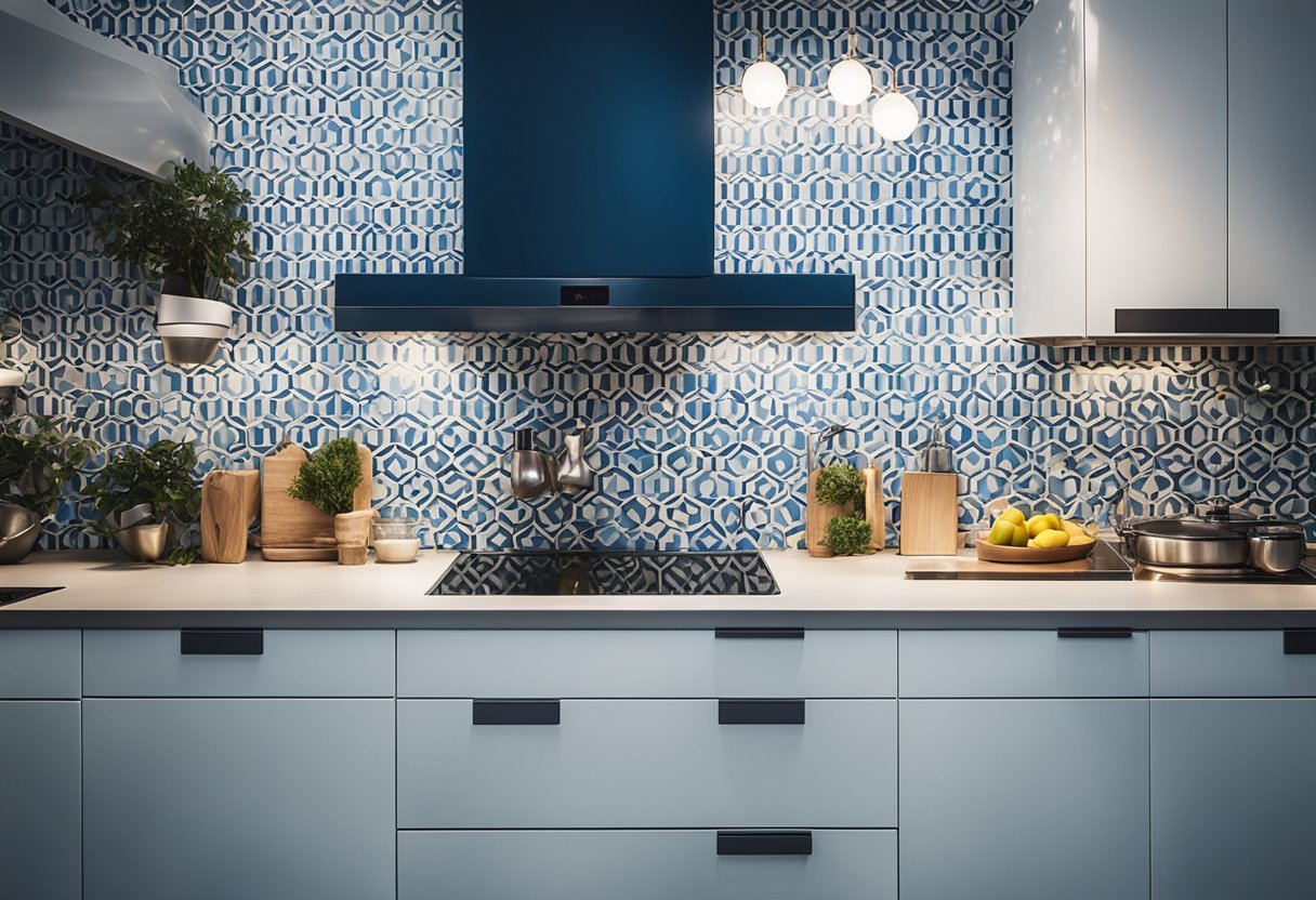 A modern kitchen with geometric patterned tiles in shades of blue and white, creating a sleek and contemporary look