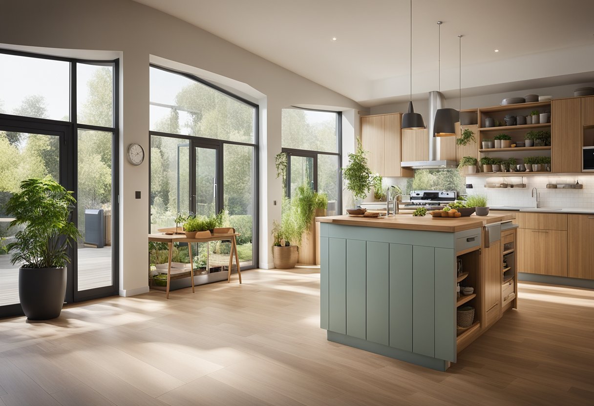 A modern 5-room kitchen with energy-efficient appliances, recycling bins, and composting area. Natural light streams in through large windows, showcasing a vibrant indoor herb garden and sustainable materials like bamboo flooring