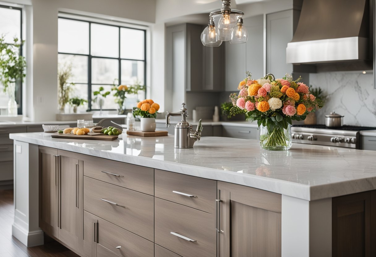 The kitchen is bathed in warm natural light, with sleek stainless steel appliances and marble countertops. A vase of fresh flowers sits on the island, adding a pop of color to the elegant, modern space