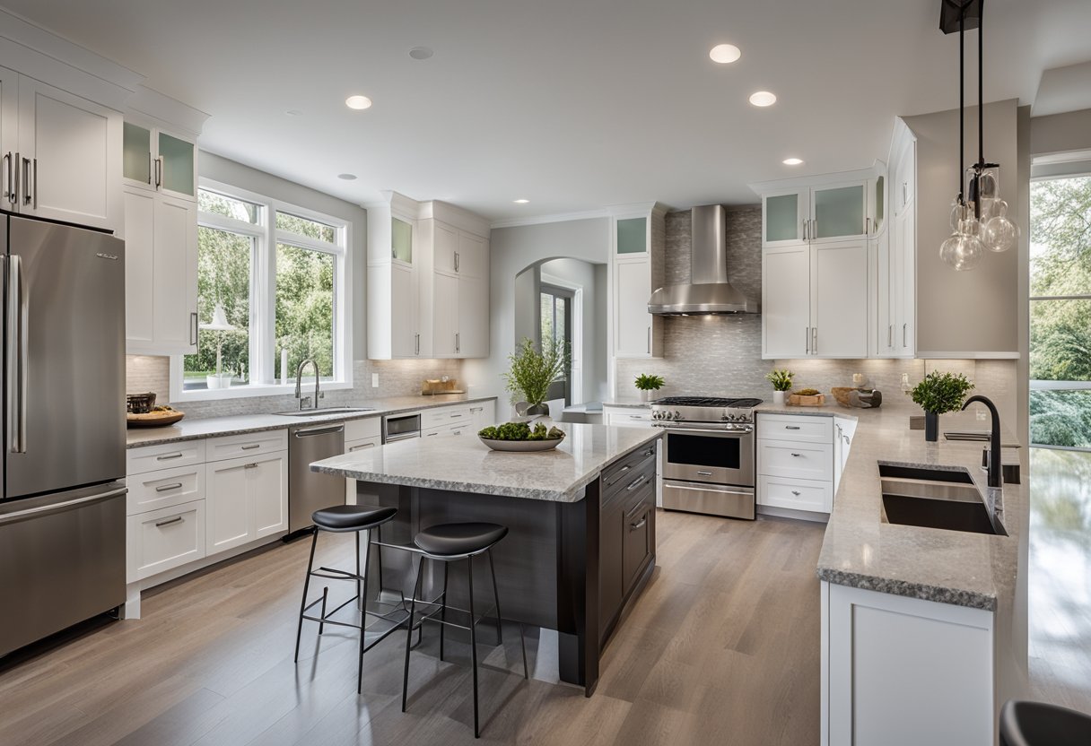 A spacious, modern kitchen with sleek cabinetry, granite countertops, and stainless steel appliances. Natural light floods the room through large windows, illuminating the open floor plan and inviting atmosphere