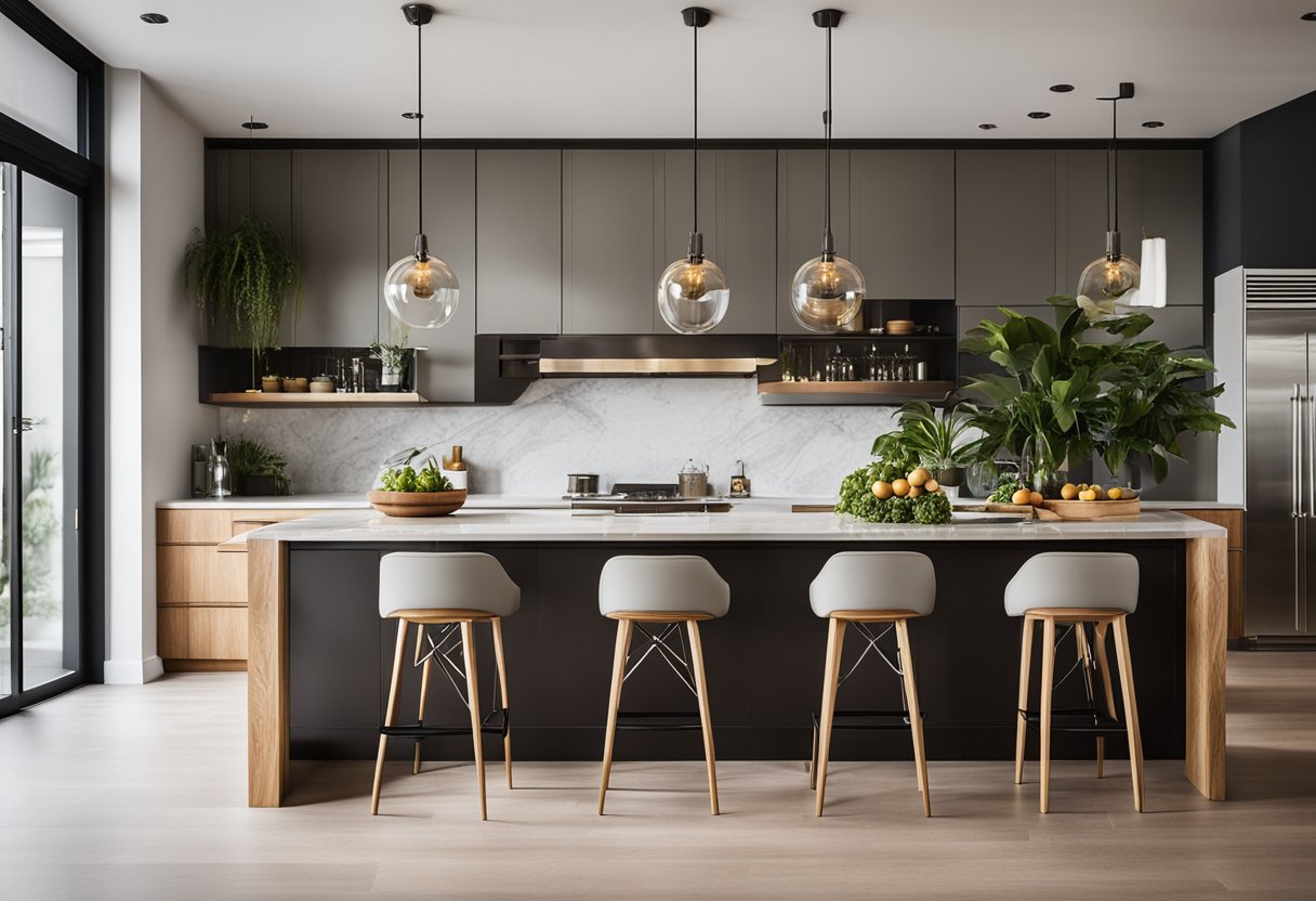 A sleek, modern kitchen island with hanging pendant lights, a marble countertop, and stylish bar stools. Accessories like a fruit bowl, cutting board, and decorative plants add a touch of warmth and personality to the space