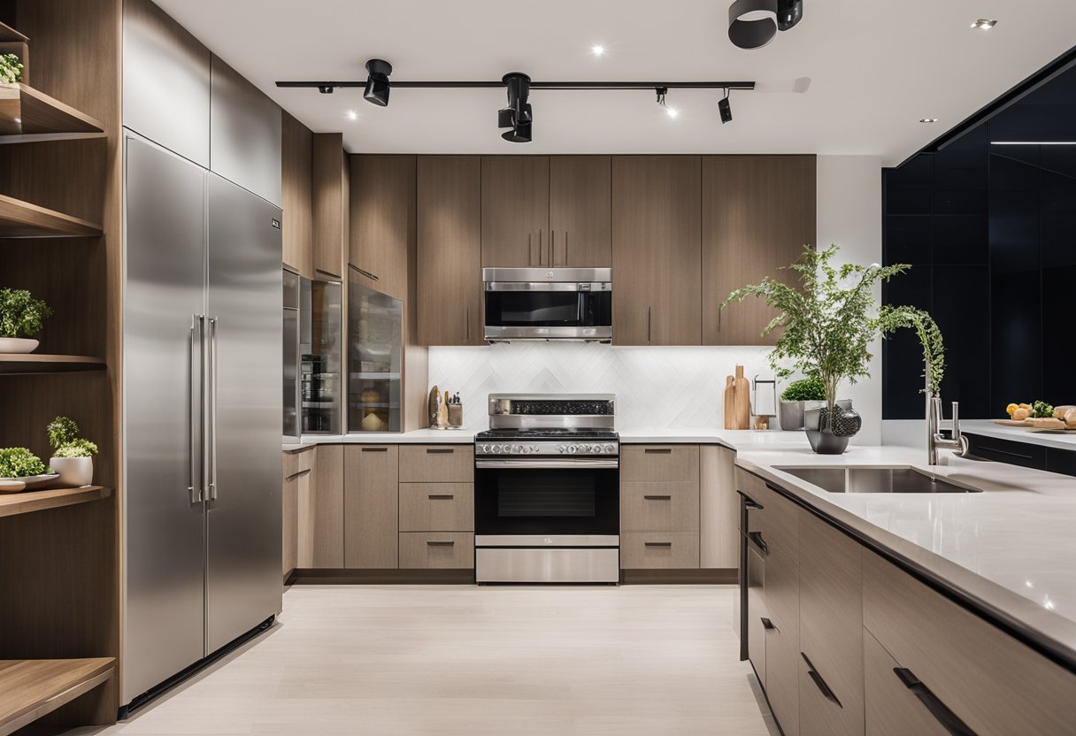 A modern kitchen with sleek countertops, stainless steel appliances, and ample storage. A large island with seating and pendant lighting. Bright, airy, and functional
