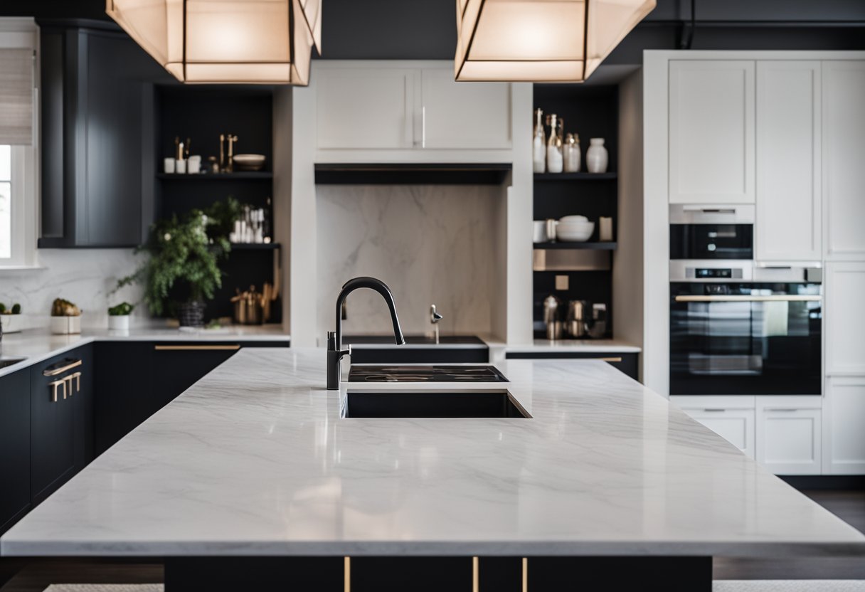 A modern kitchen island with sleek lines and a marble countertop, surrounded by high-end appliances and minimalist decor