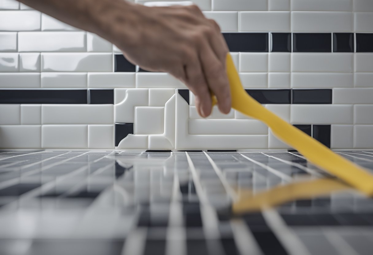 A person applying adhesive to the back of a kitchen tile, then carefully placing it on the wall. A hand-held level ensures precise alignment