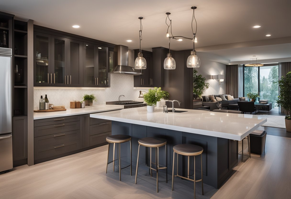 A modern kitchen island with sleek countertops and pendant lighting