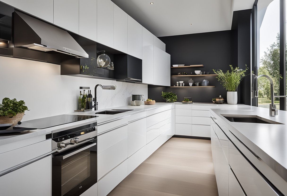 The sleek, white cabinets feature clean lines and minimal hardware. The integrated appliances and hidden storage create a seamless, modern look