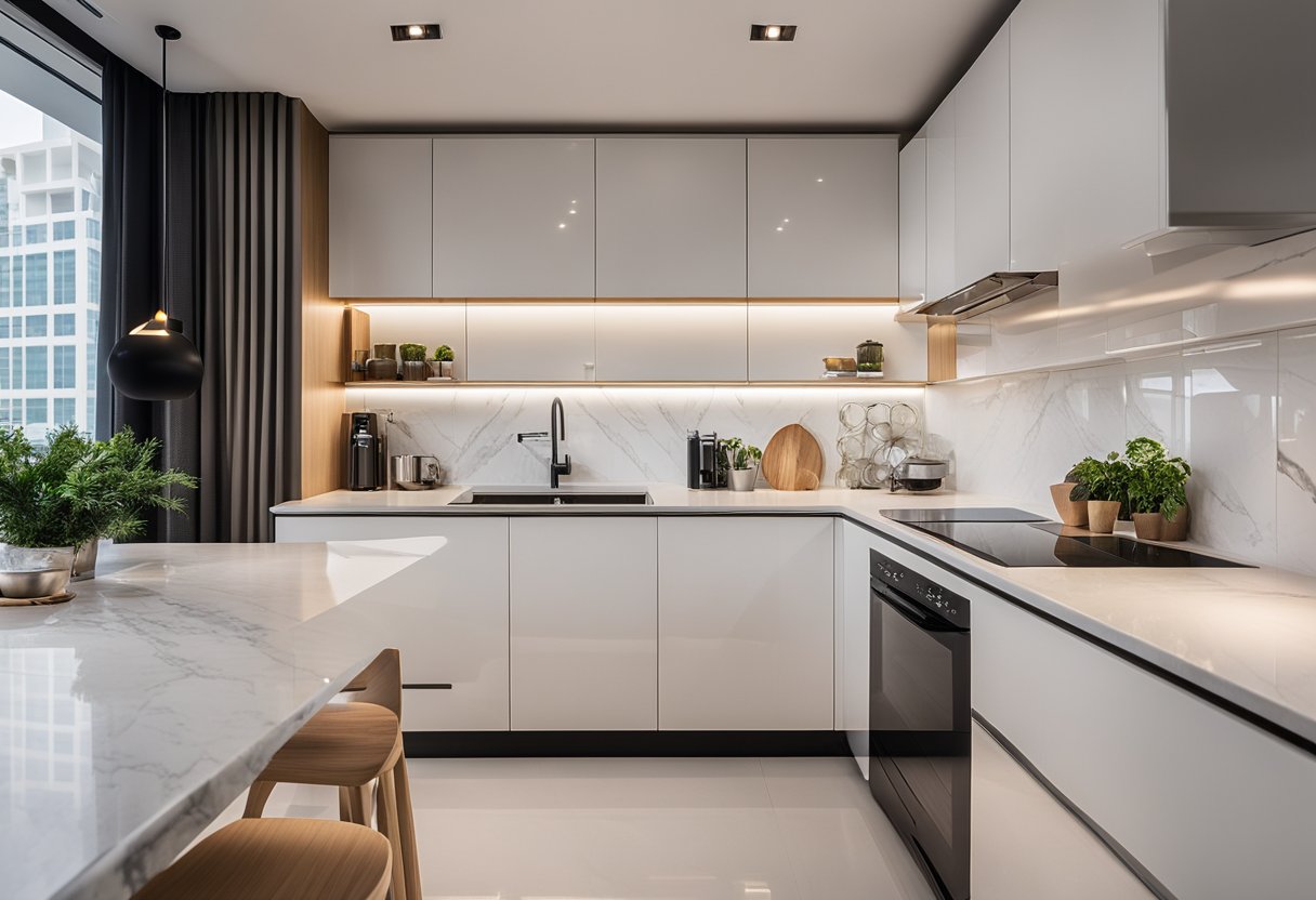 A modern resale HDB kitchen with sleek white cabinets, stainless steel appliances, and a marble countertop. The space is well-lit with natural light pouring in from the large window
