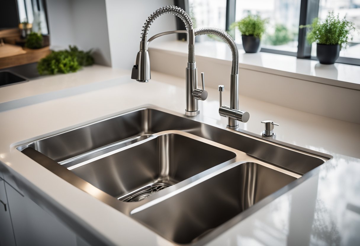 A modern kitchen sink with a sleek, stainless steel design, a pull-down faucet, and a large basin for washing dishes