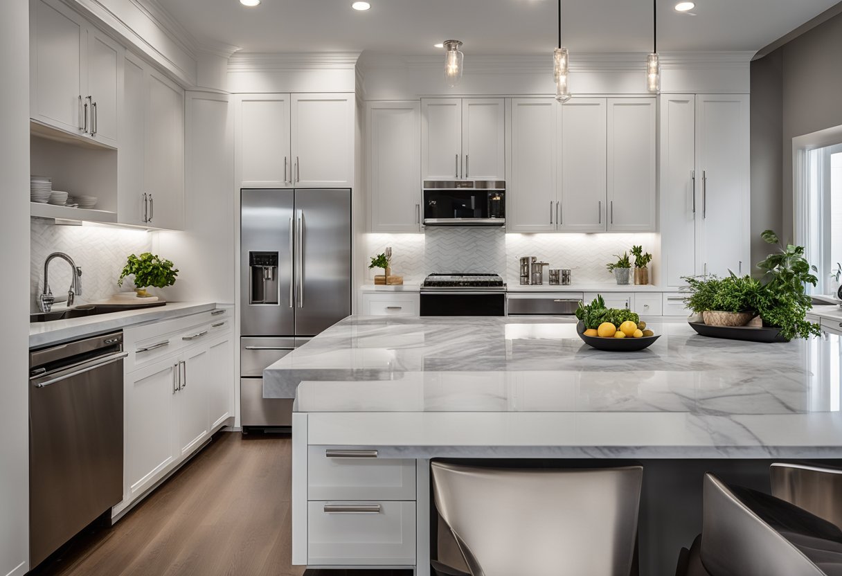 A sleek, modern kitchen with stainless steel appliances, marble countertops, and clean lines. The space is well-organized with modular cabinets and a central island for cooking and entertaining