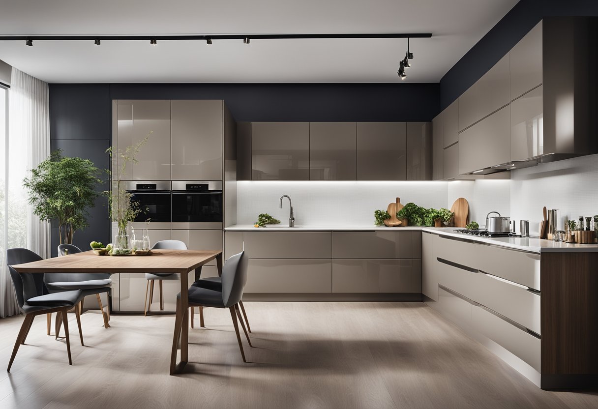 A sleek, minimalist kitchen with clean lines and integrated appliances. High-gloss cabinets with hidden handles and a mix of materials like wood and metal